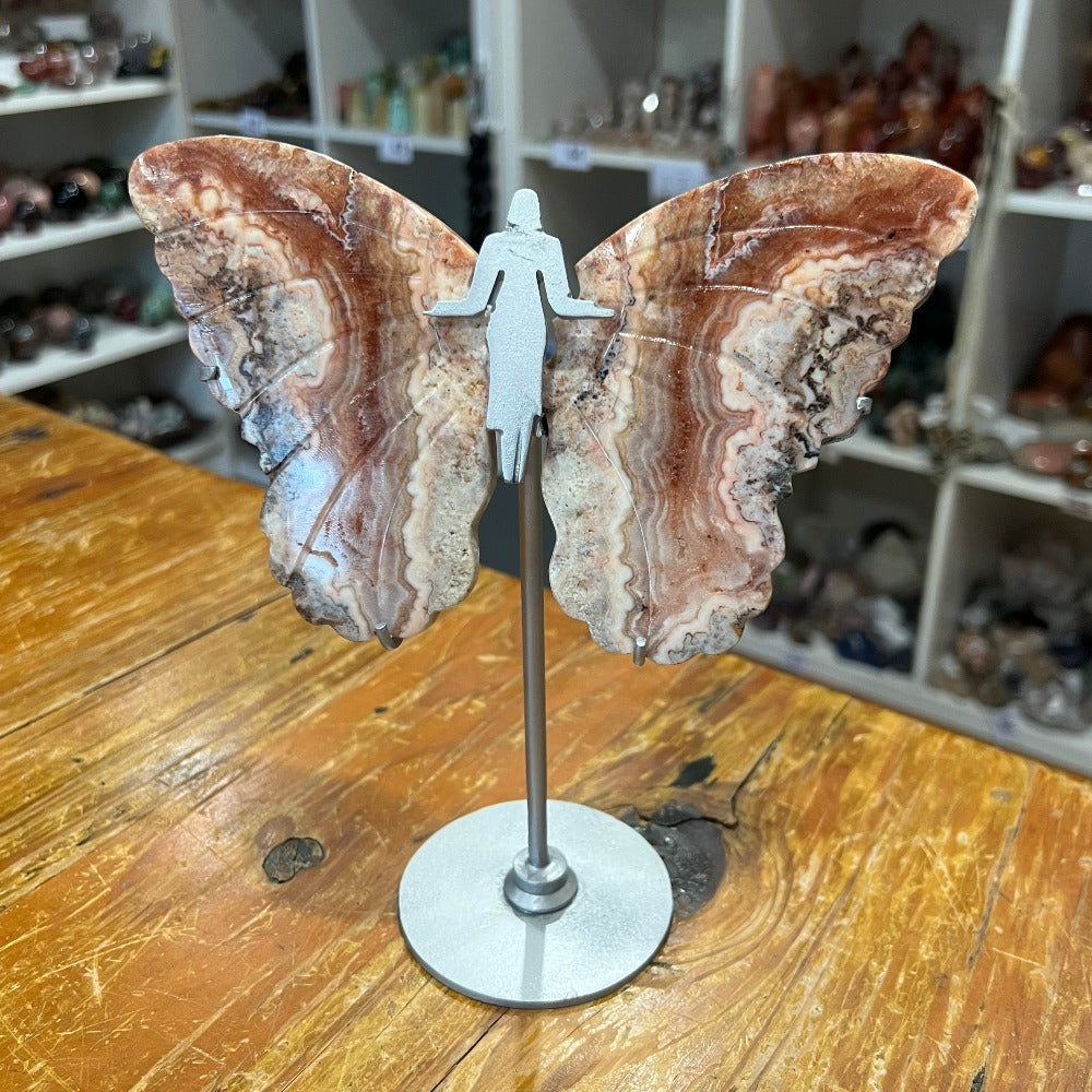 Pink Crazy Lace Agate Butterfly Wings on Stand