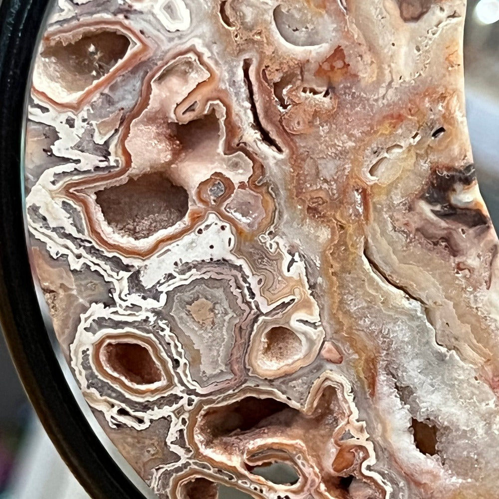 Pink Crazy Lace Agate Moon on Stand