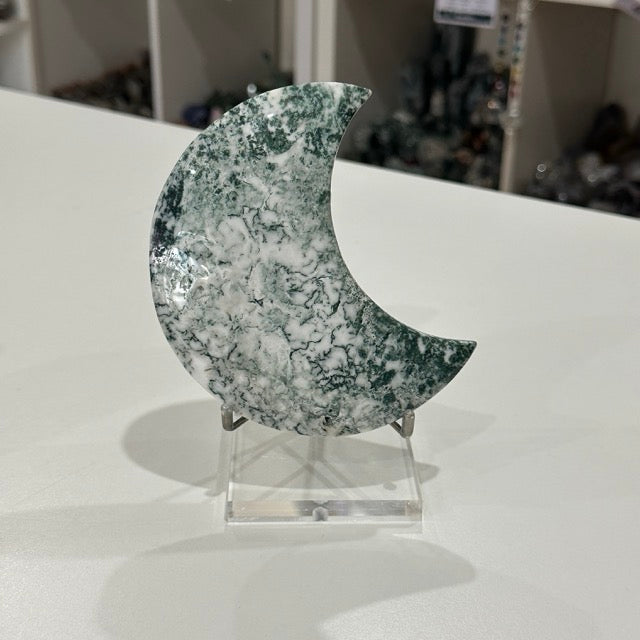 Moss Agate Moon with Stand