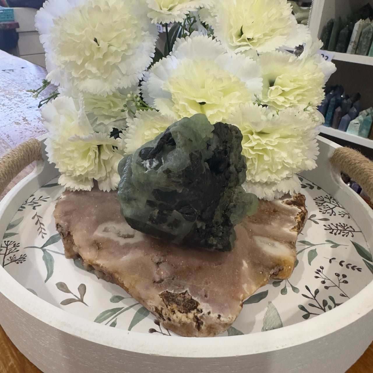 Prehnite Specimen Raw with Epidote Inclusions