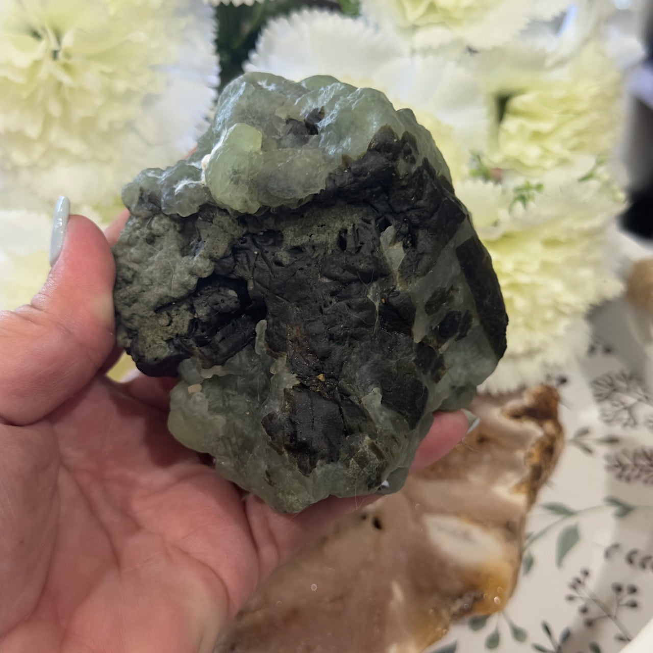 Prehnite Specimen Raw with Epidote Inclusions