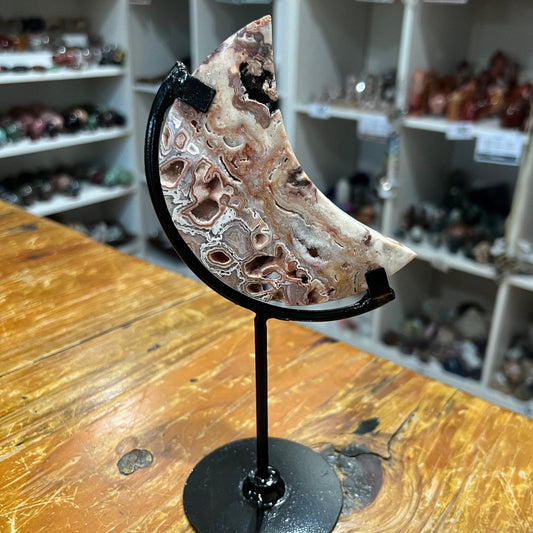 Pink Crazy Lace Agate Moon on Stand