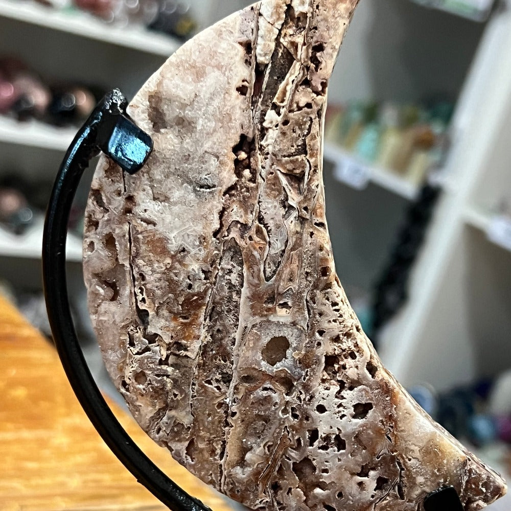 Pink Crazy Lace Agate Moon on Stand