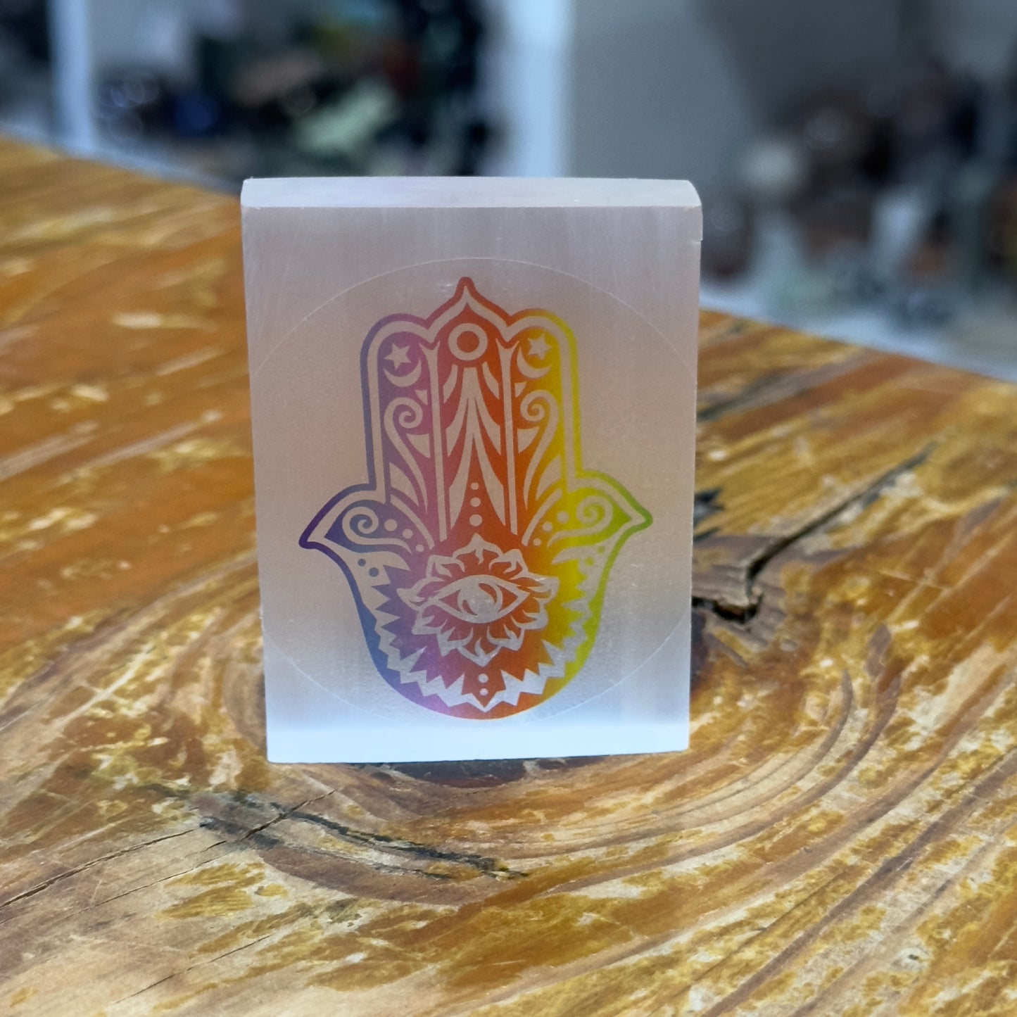 Selenite Tile with Hamsa