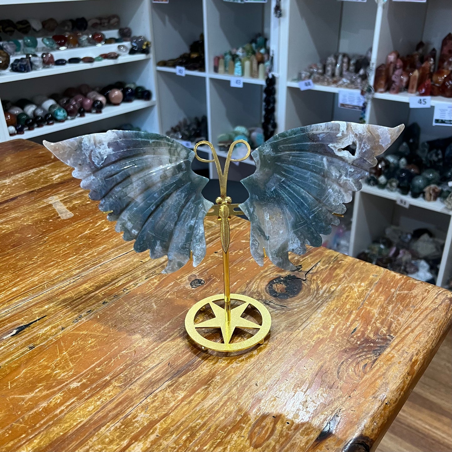 Moss Agate Wings with Stand