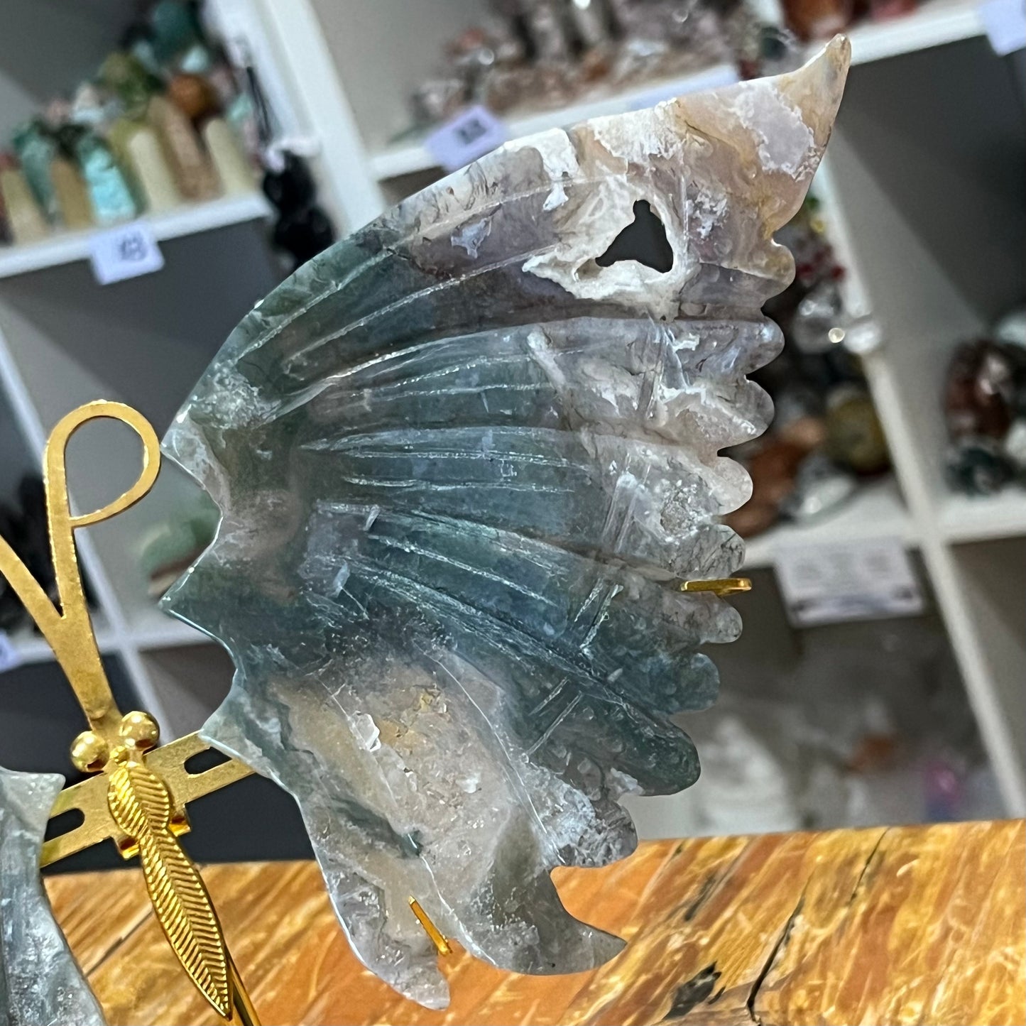 Moss Agate Wings with Stand