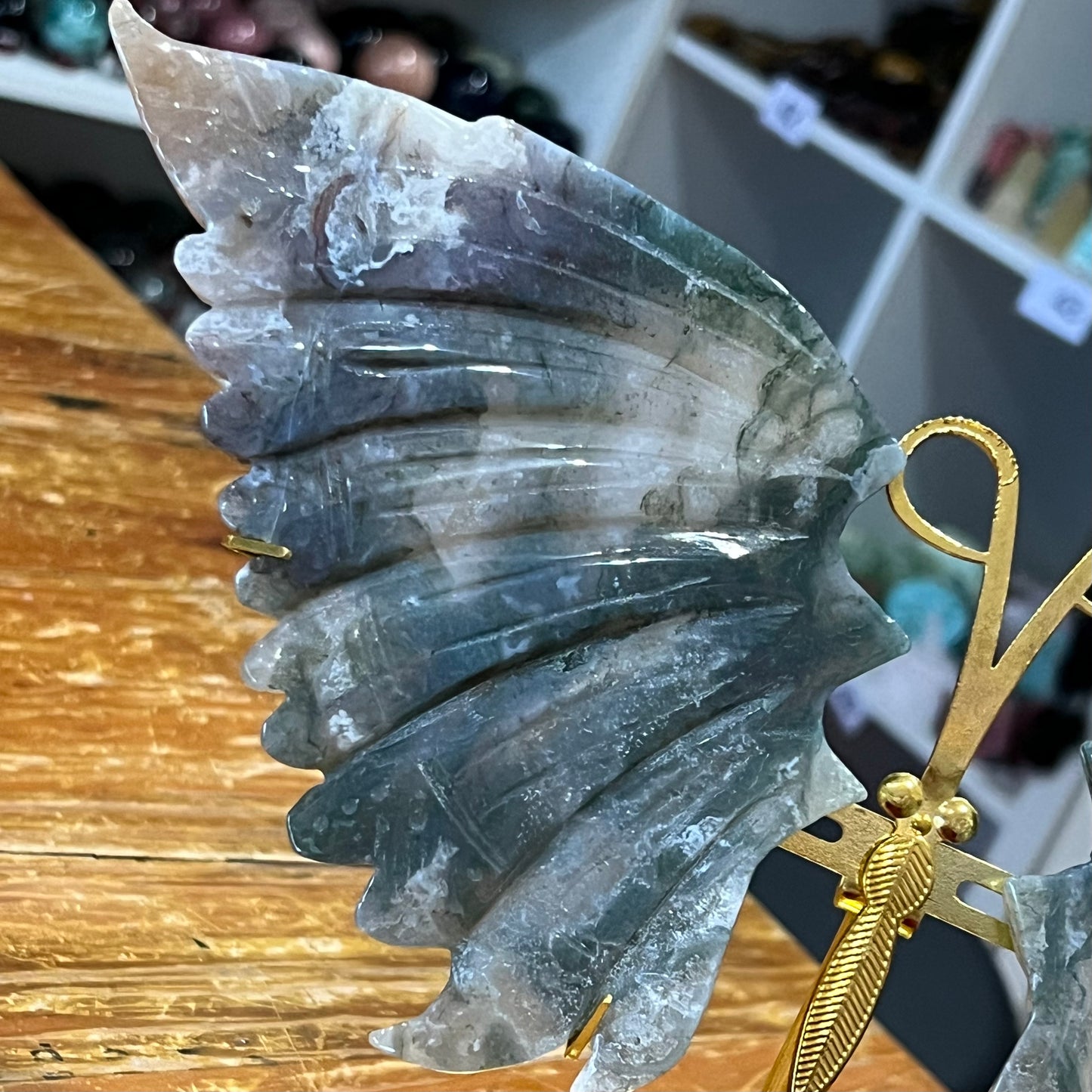 Moss Agate Wings with Stand