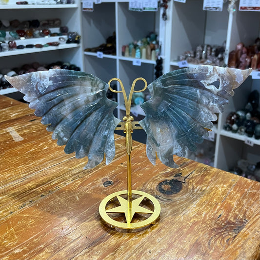 Moss Agate Wings with Stand