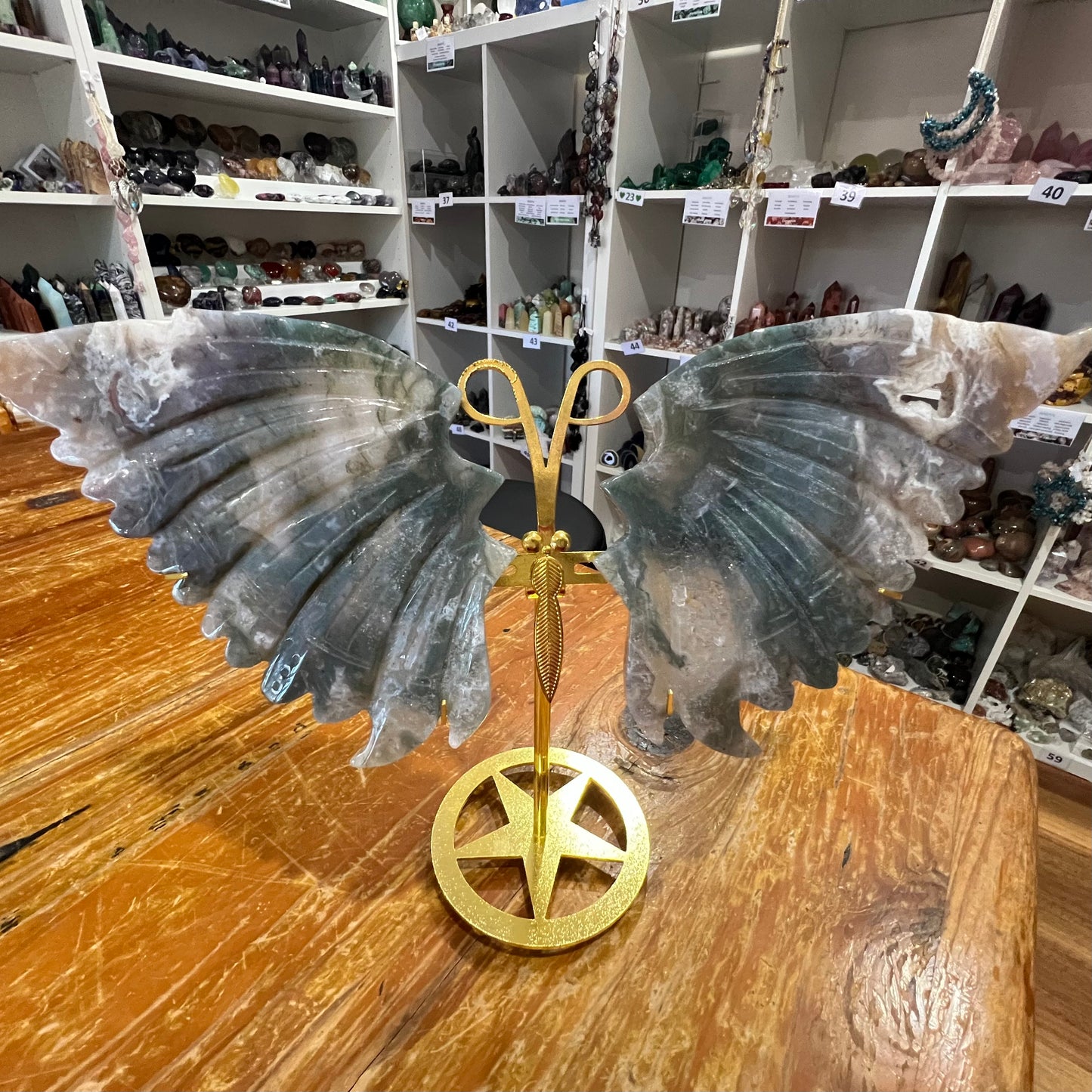 Moss Agate Wings with Stand