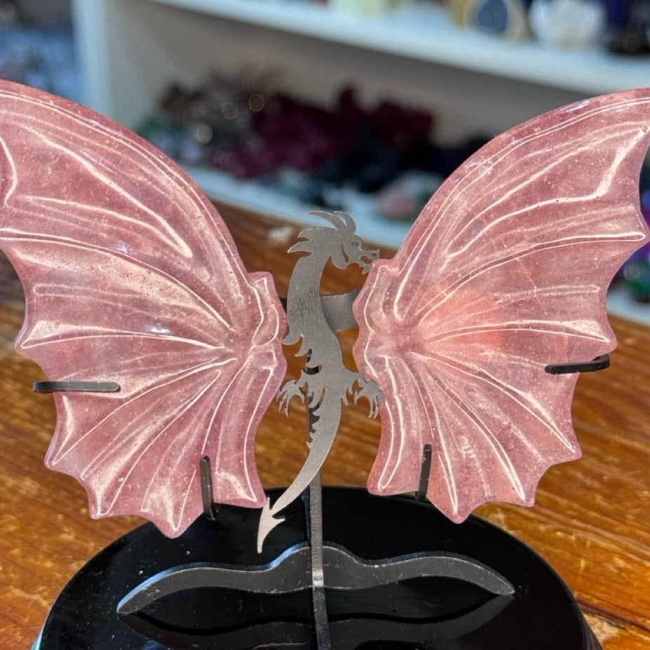 Strawberry Quartz Dragon Wings with Stand