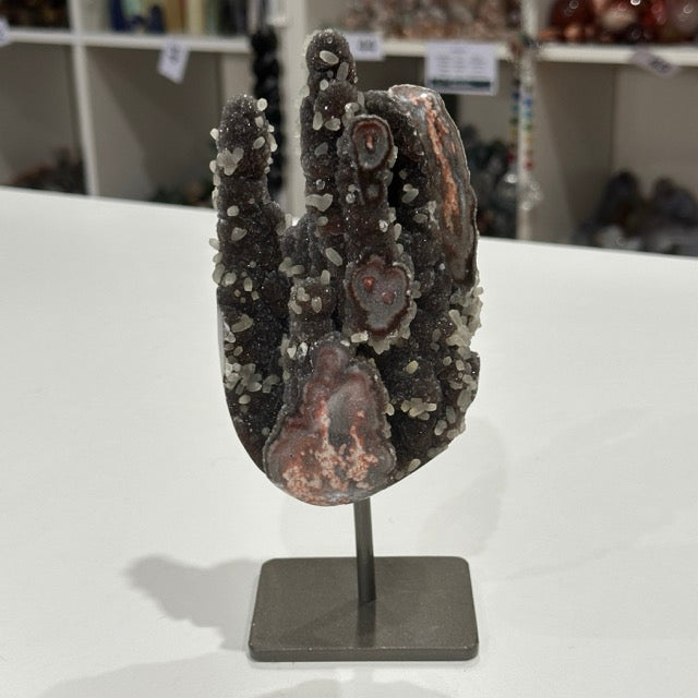 Red Amethyst with Stalactite Eyes and Calcite on Stand | Super Special Collectors Piece