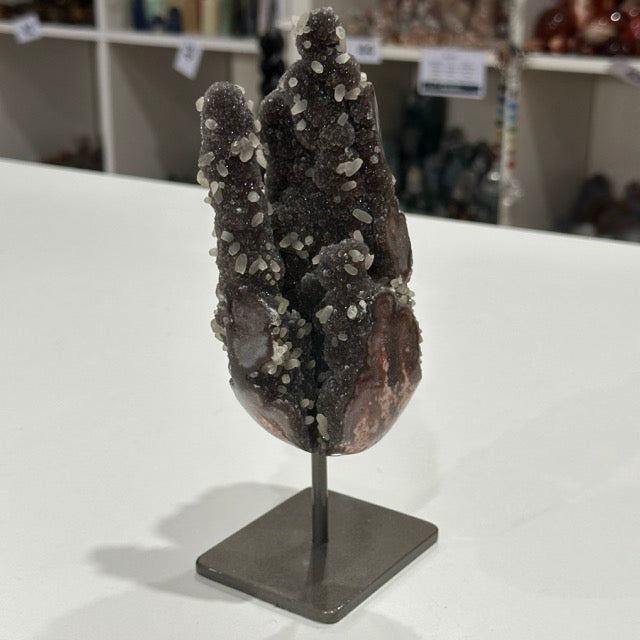 Red Amethyst with Stalactite Eyes and Calcite on Stand | Super Special Collectors Piece