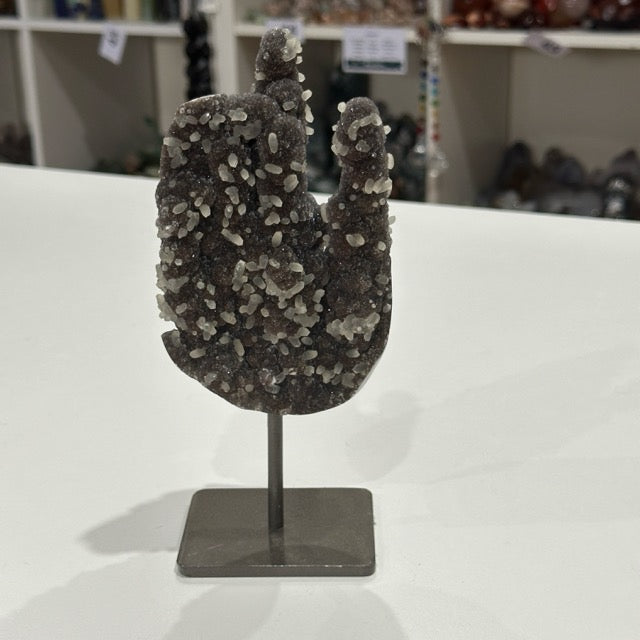 Red Amethyst with Stalactite Eyes and Calcite on Stand | Super Special Collectors Piece
