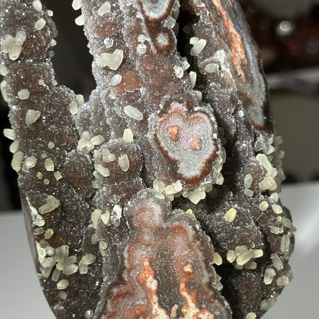 Red Amethyst with Stalactite Eyes and Calcite on Stand | Super Special Collectors Piece