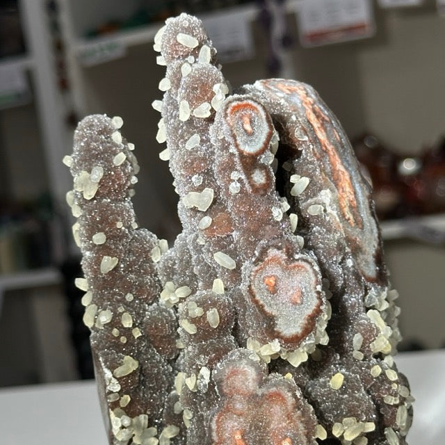 Red Amethyst with Stalactite Eyes and Calcite on Stand | Super Special Collectors Piece