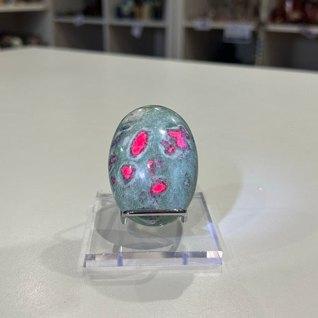 High Grade Ruby Fuchsite Palm Stone with Display Stand | 123g