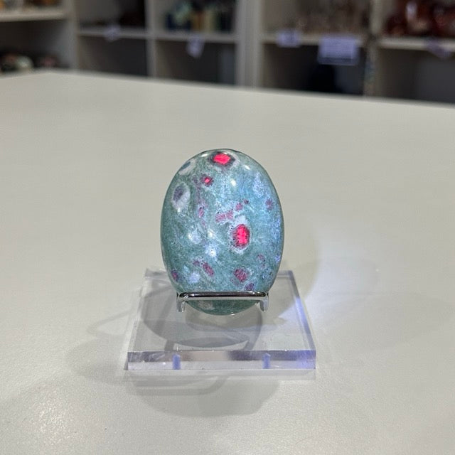 High Grade Ruby Fuchsite Palm Stone with Display Stand | 123g