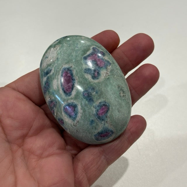 High Grade Ruby Fuchsite Palm Stone with Display Stand | 123g
