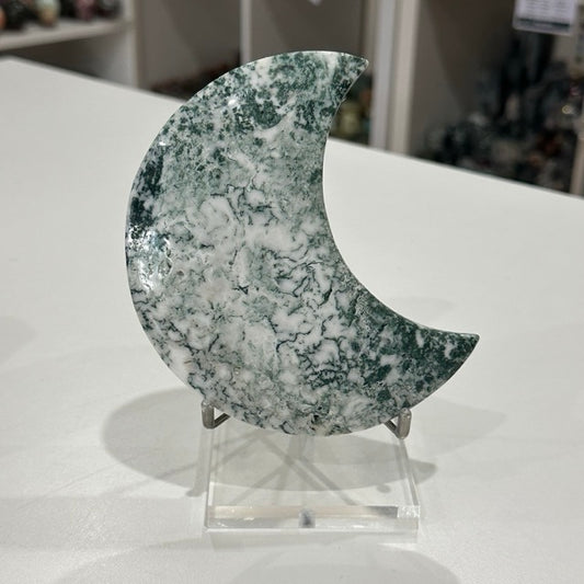 Moss Agate Moon with Stand